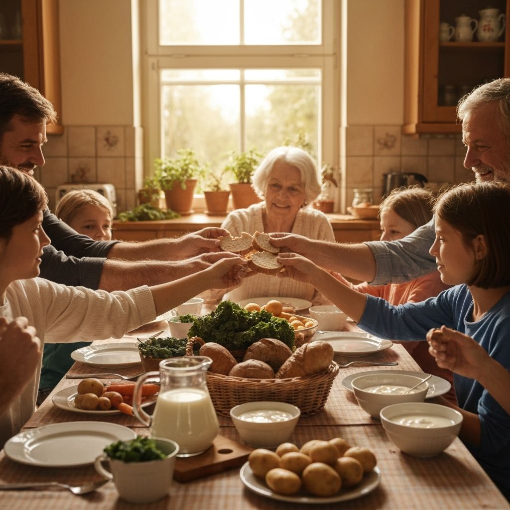 Familie teilt Brot beim Essen